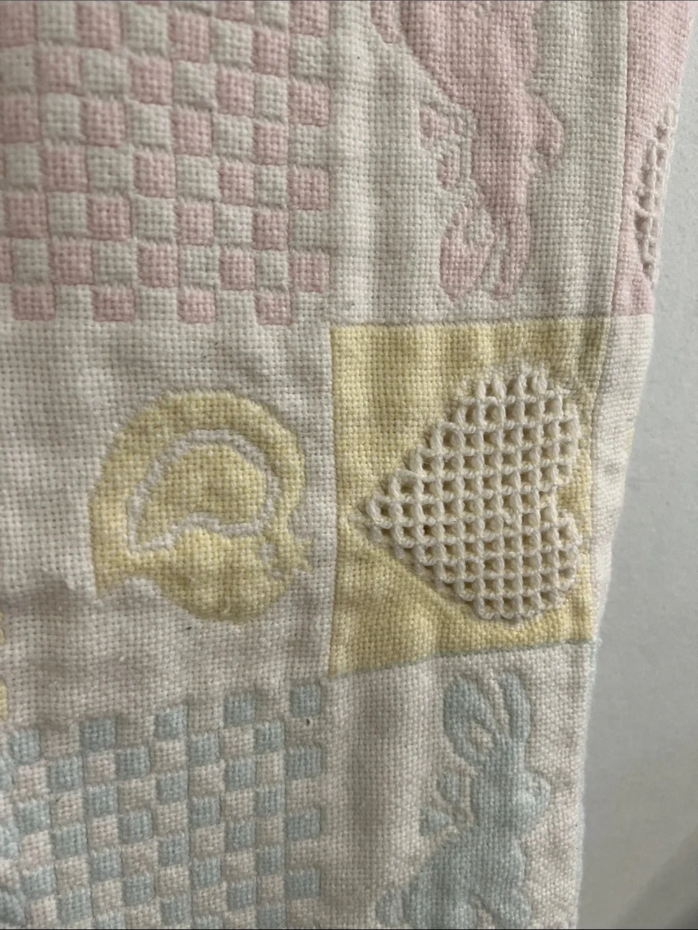 Vtg Pastel Woven Tapestry Baby Blanket Fringe Heart Bunny Bear ABC